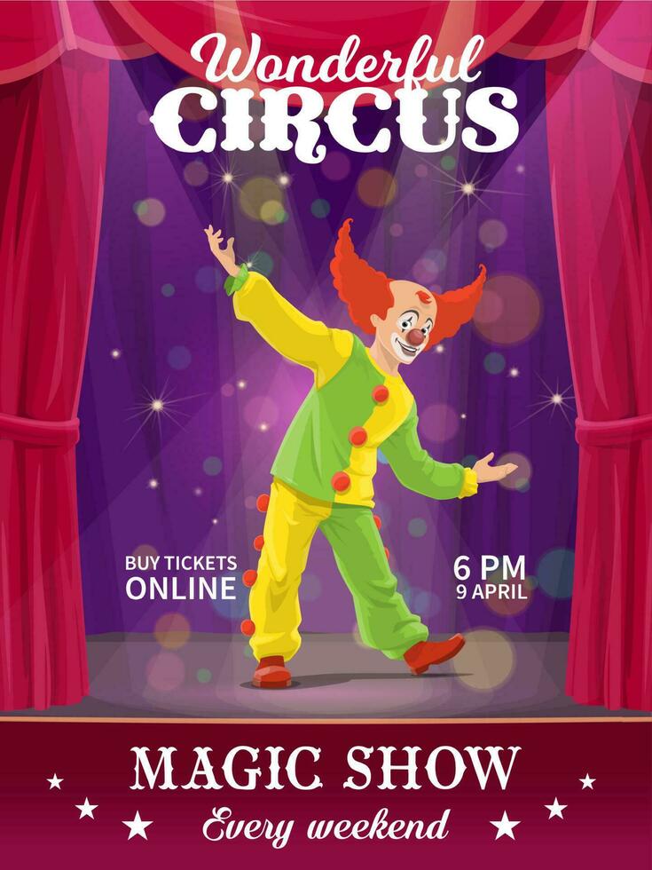 shapito cirque affiche, dessin animé bouffon clown, prospectus vecteur