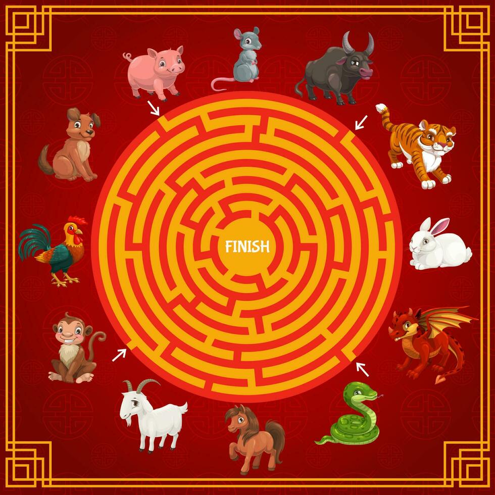 Labyrinthe ou labyrinthe Jeu avec chinois zodiaque animaux vecteur