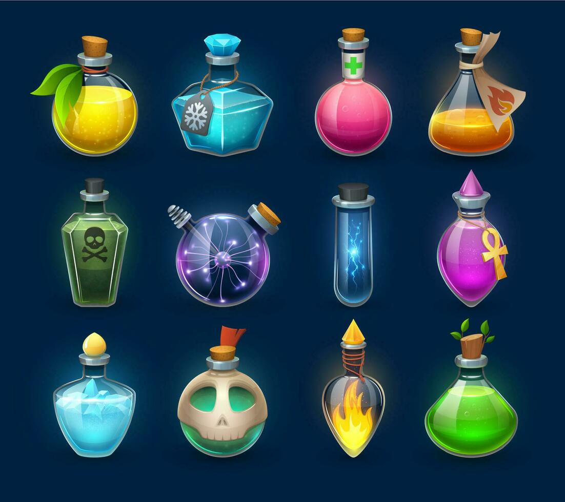 Ensemble D'interface Utilisateur De Jeu De Bouteille De Potion, Kit  D'icônes De Flacon D'assistant De Niveau Rpg Magique, Flacon De Verre  Vectoriel Brillant, Liège. Pack De Pots Bleus De Sorcellerie Halloween,  Poison