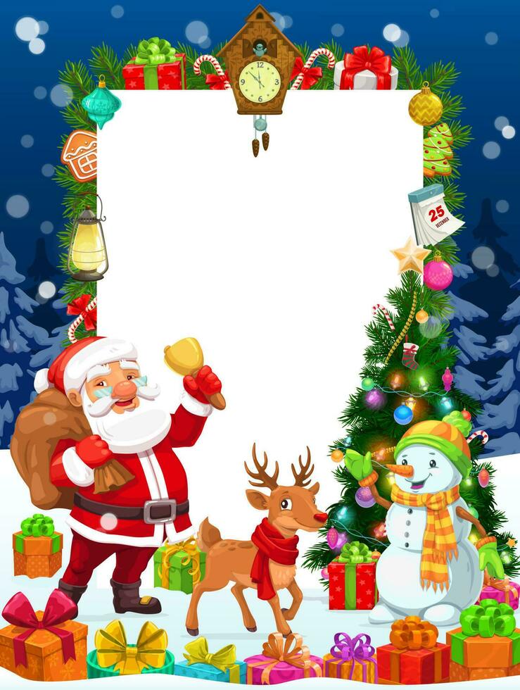 Père Noël cadeaux, Noël arbre, cerf et bonhomme de neige vecteur