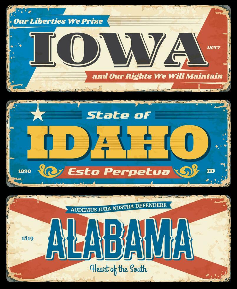 Iowa, Idaho et Alabama États vecteur métal assiettes