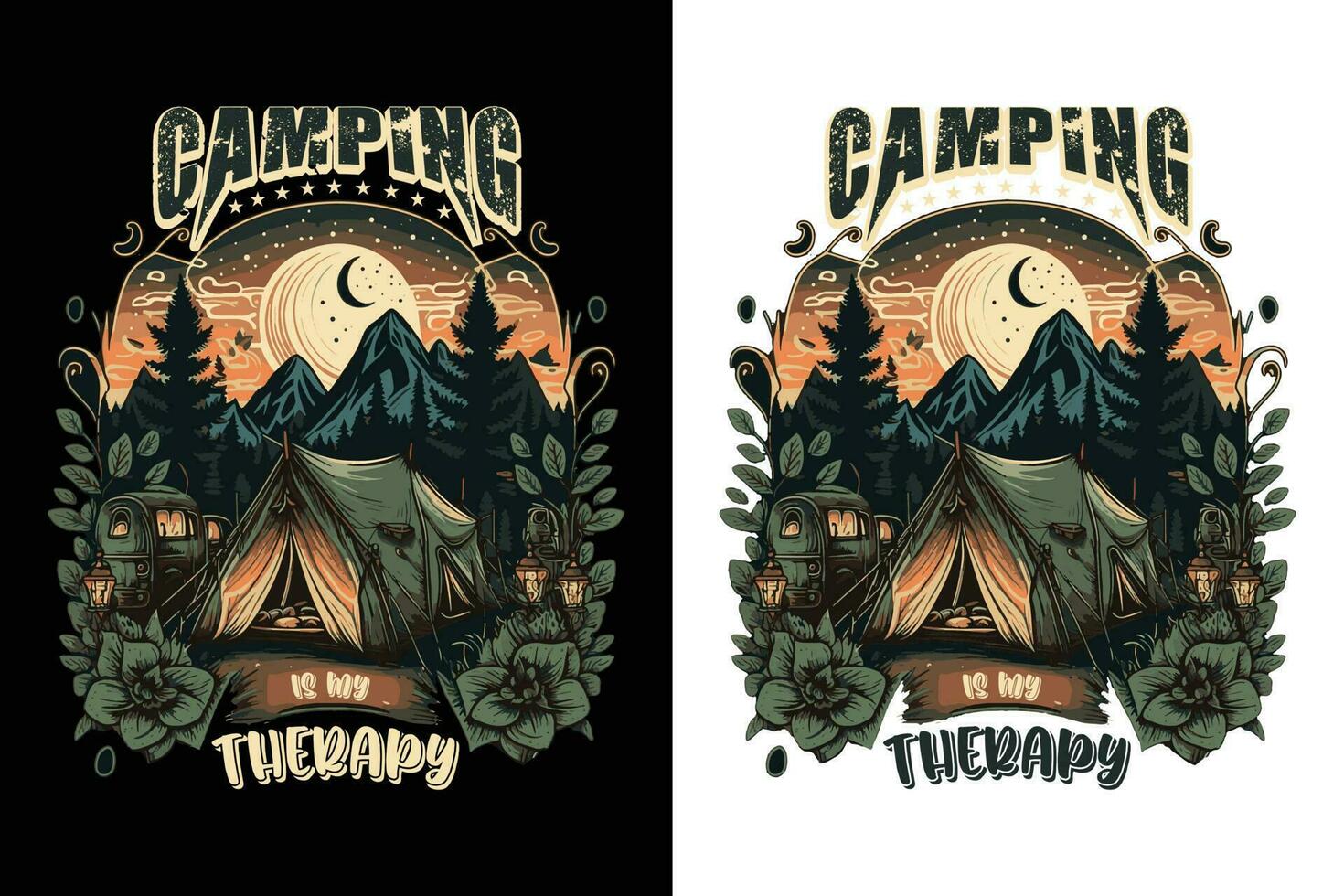 camping T-shirt conception, Voyage T-shirt imprimer, aventure montagne, sublimation imprimer, conception Extérieur, tente camping dans une forêt près le montagnes vecteur