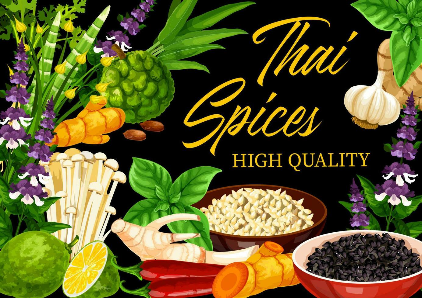 thaïlandais épices, herbes, asiatique cuisine nourriture assaisonnements vecteur