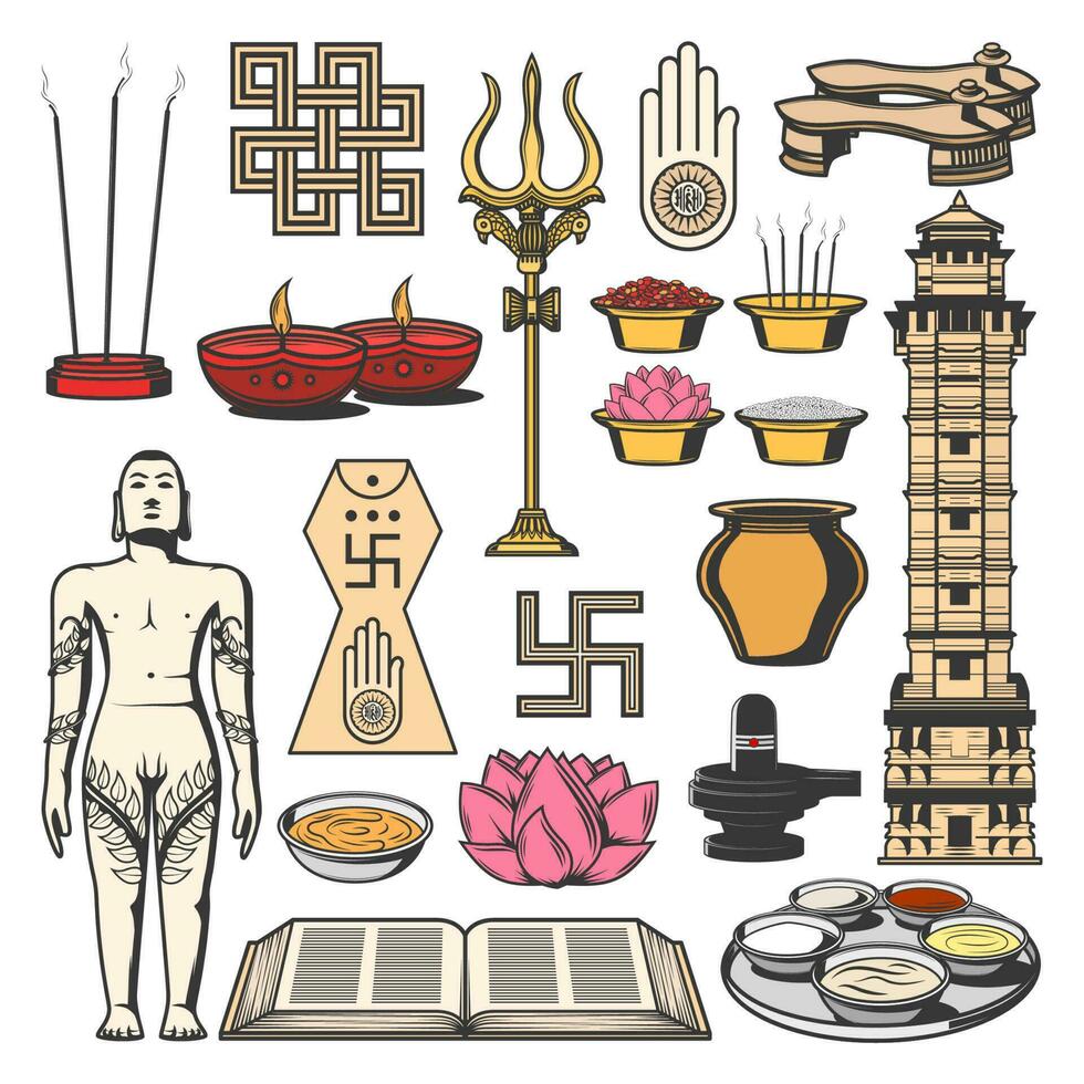 jaïnisme Indien religion symboles, jain dharma Icônes vecteur