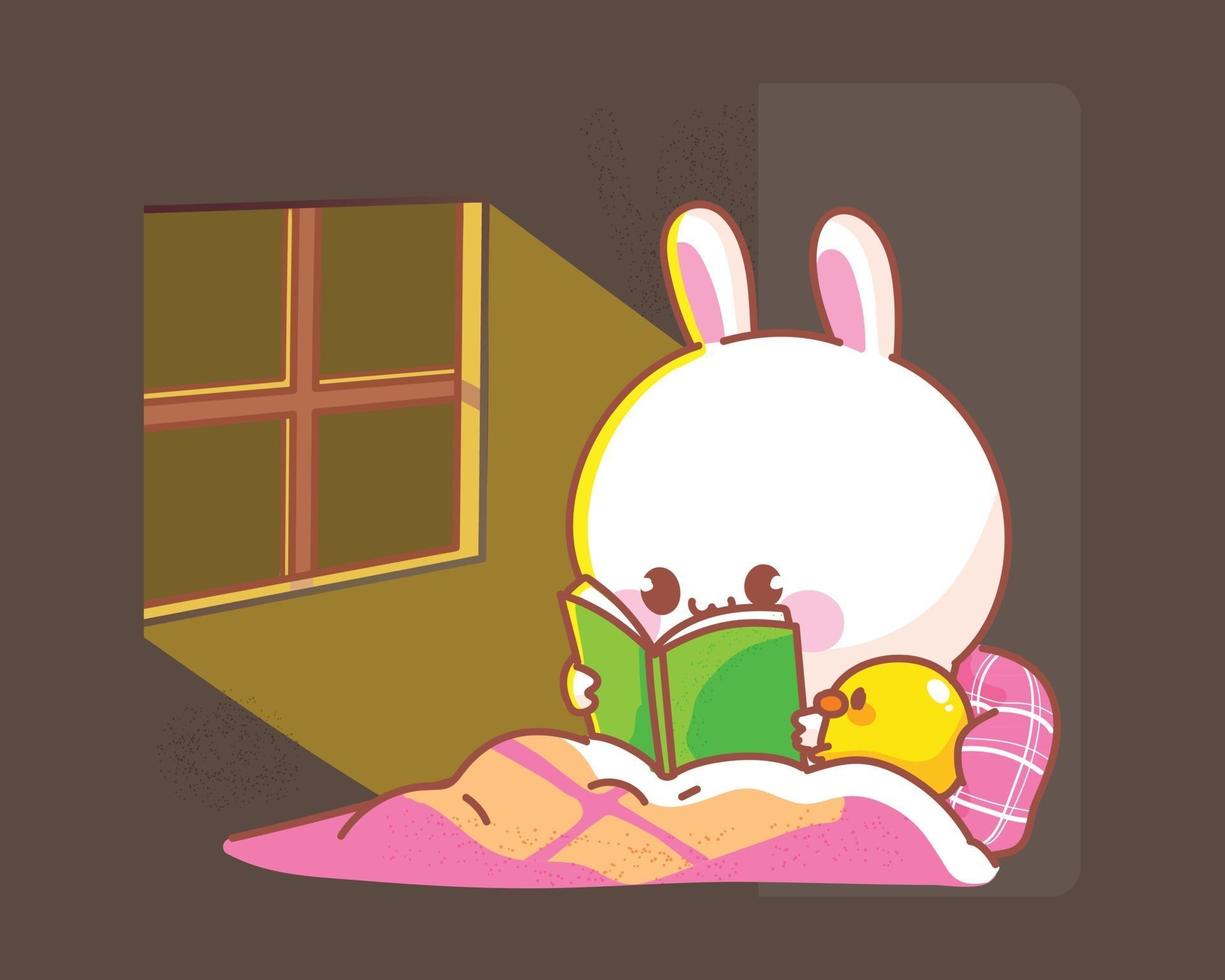 heureux, mignon, lapin, à, canard, livre lecture, dans lit, dessin animé, illustration vecteur