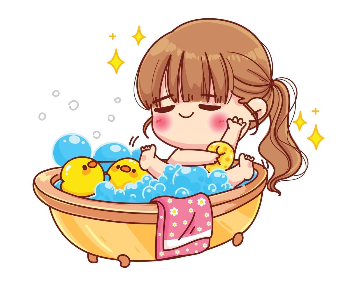 jolie fille prenant un bain avec jouet de canard et illustration de dessin animé de bulles vecteur