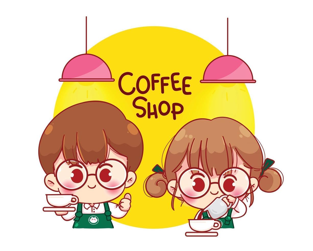 baristas mignons en tabliers faisant illustration de personnage de dessin animé de café vecteur