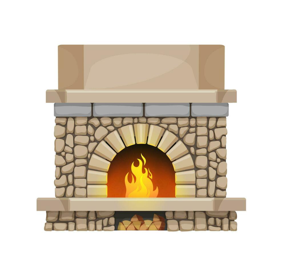 Accueil classique pierre cheminée avec bois de chauffage flammes vecteur