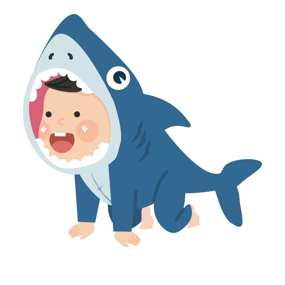 bébé enfant personnages dans requin animal costume vecteur