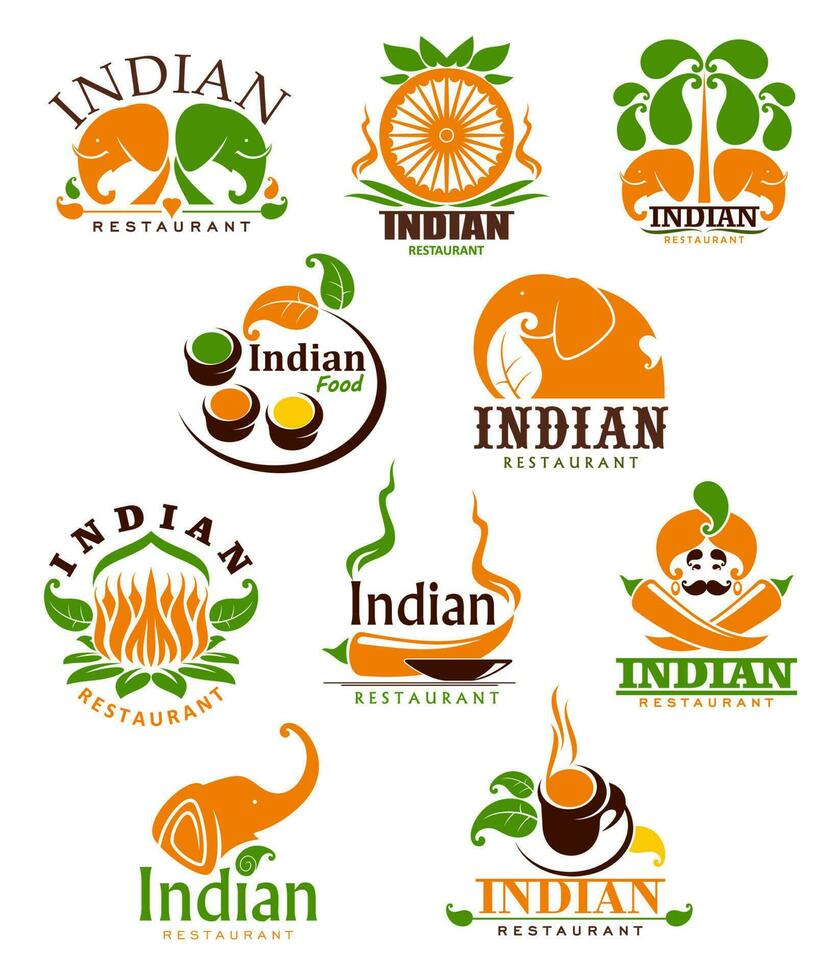Indien nourriture restaurant vecteur Icônes, emblèmes ensemble