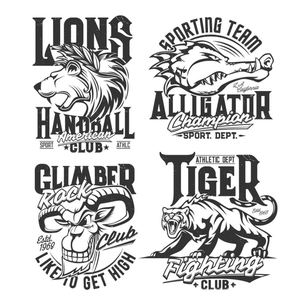 T-shirt impressions avec chèvre, alligator, lion, tigre vecteur