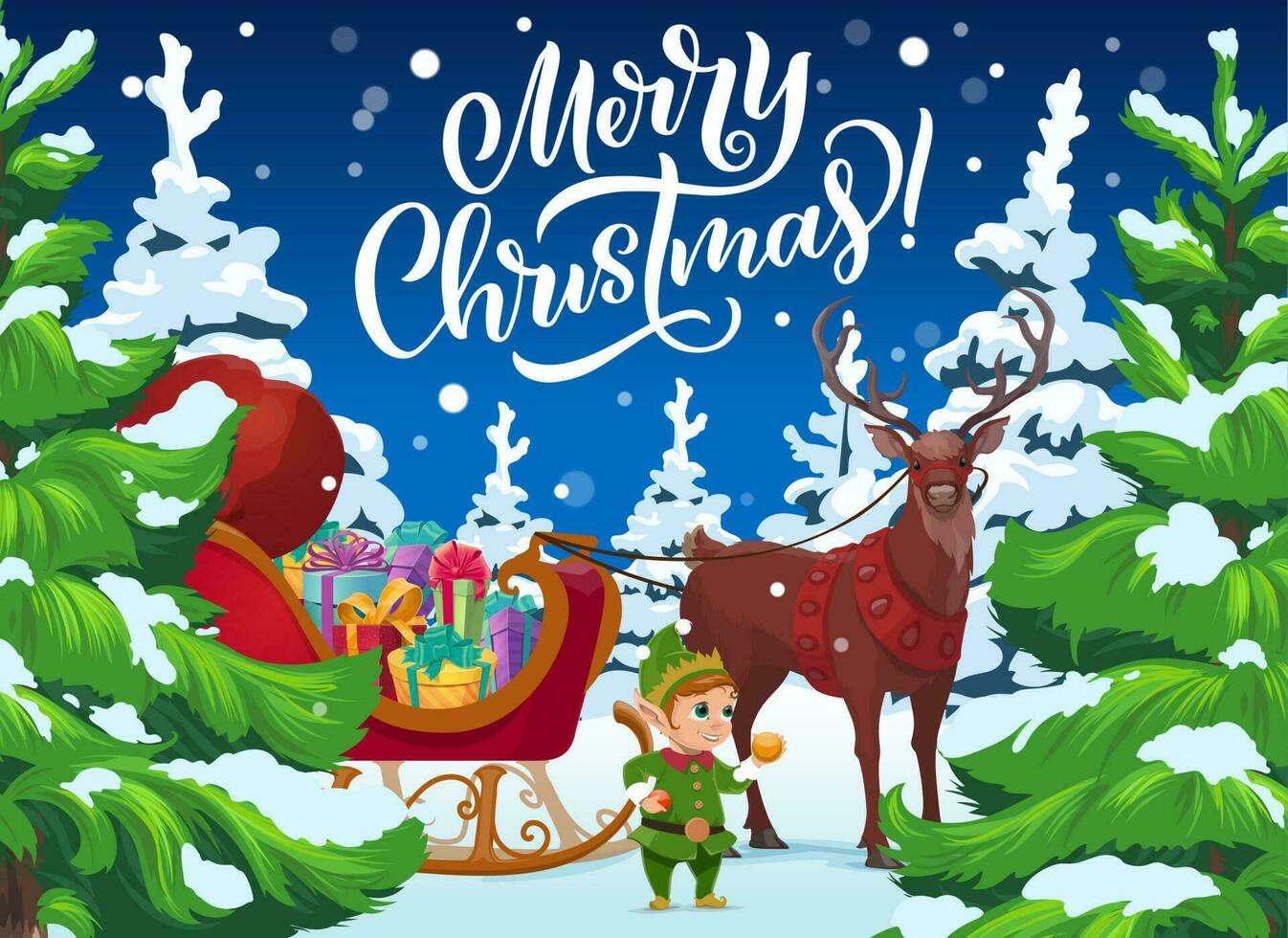 Noël elfe et renne traîneau avec Noël cadeaux vecteur