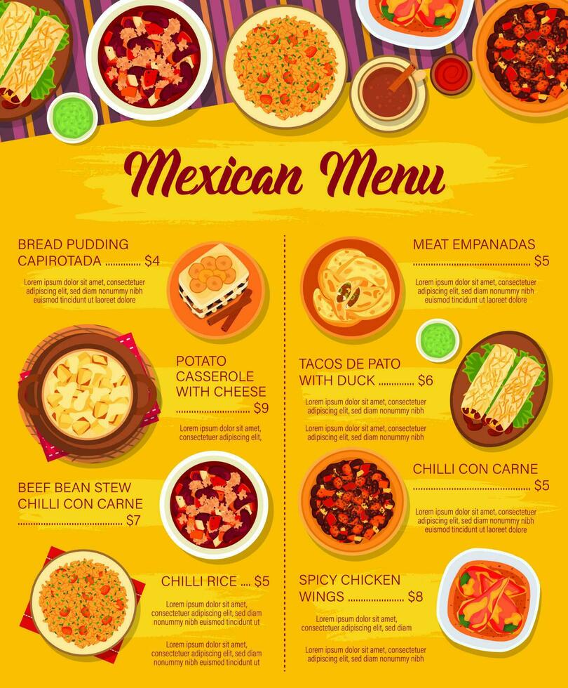 mexicain cuisine vecteur menu, Mexique repas