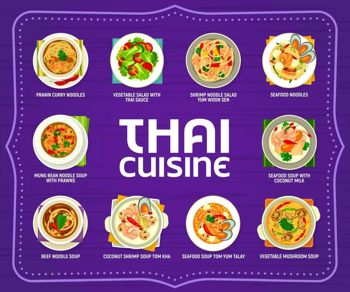 thaïlandais cuisine menu, Thaïlande nourriture et asiatique vaisselle vecteur