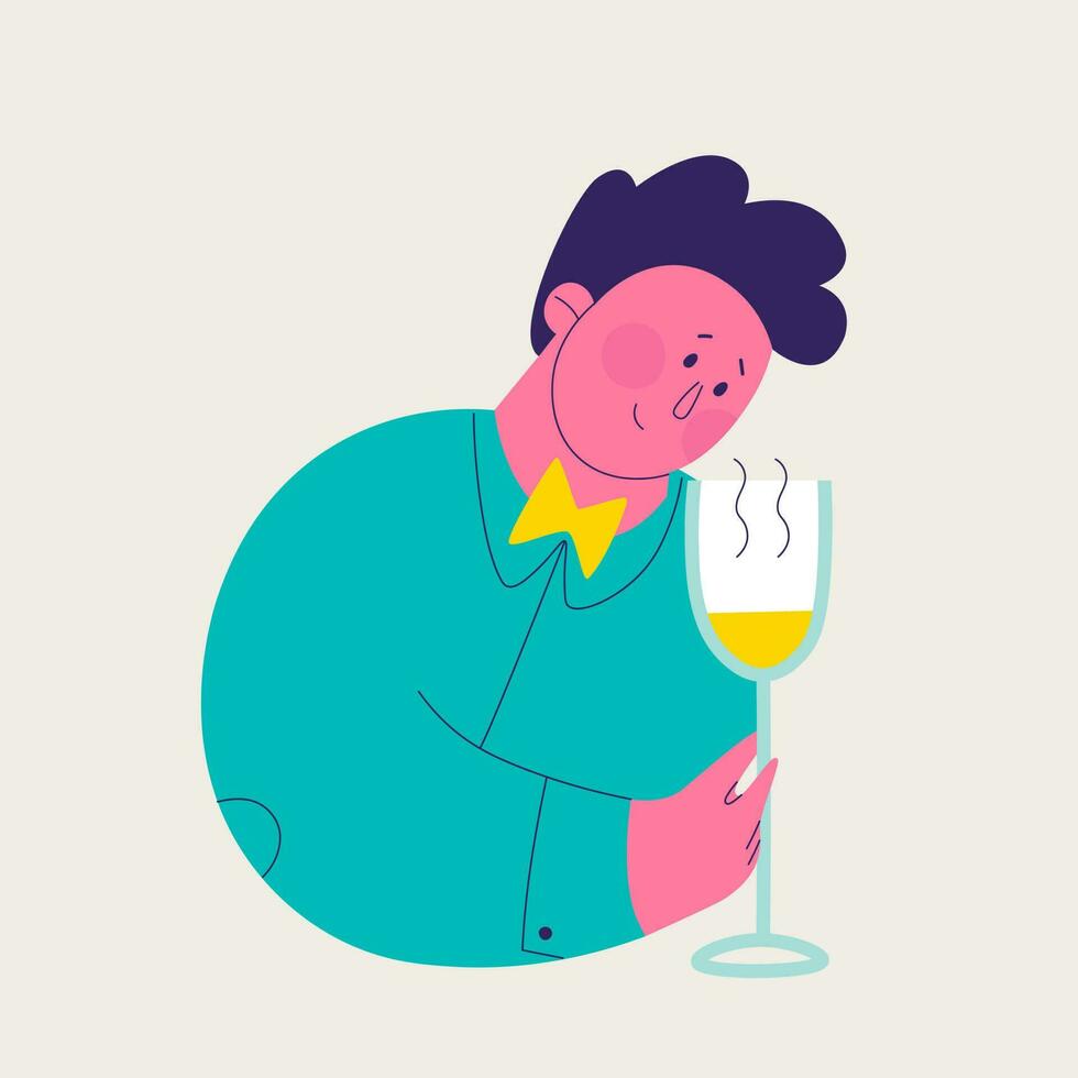 Célibataire illustration de une ensemble de blanc du vin dégustation. mignonne homme explorant arôme de du vin. vecteur branché isolé des illustrations pour conception.