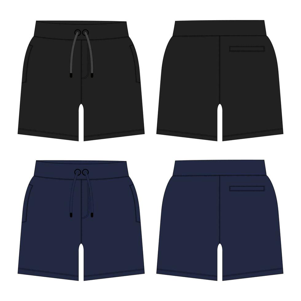 short haleter technique dessin mode plat esquisser modèle de face et retour vues. vêtements joggeur short vecteur illustration noir et marine Couleur moquer en haut pour des gamins et garçons