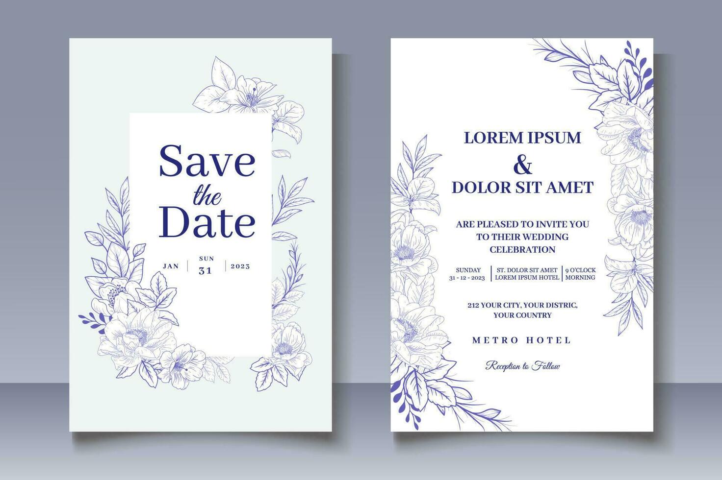 carte d'invitation de mariage avec décoration florale dessinée à la main vecteur