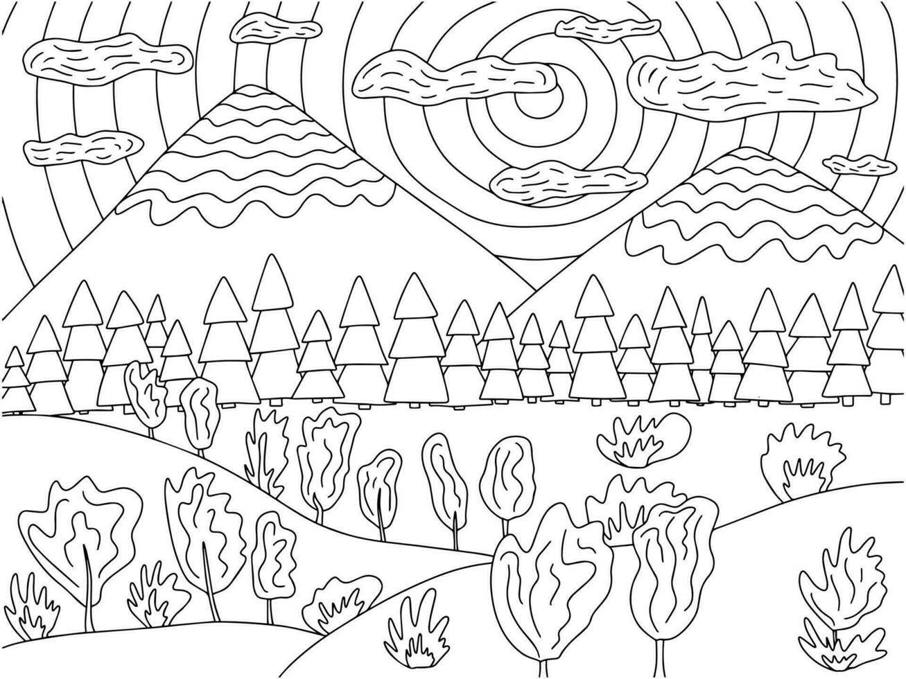 coloration page avec Montagne paysage, des champs et des arbres. vecteur paysage dans noir et blanc Couleur avec montagnes et des champs vue