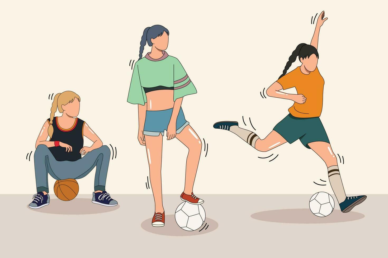 femmes Football joueurs et basketball joueurs, Dame activité personnages dessin animé ,branché un ligne dessiner conception vecteur illustration