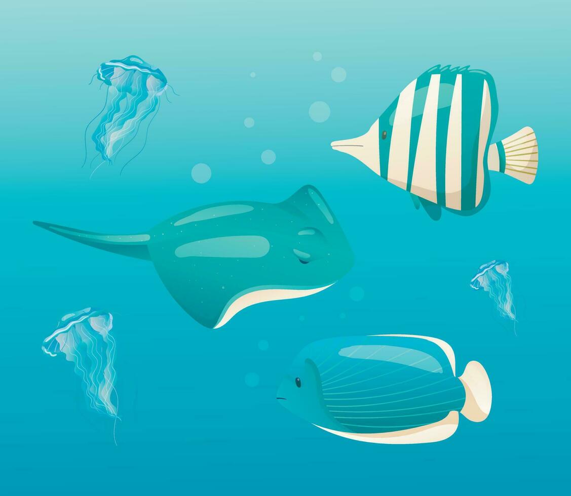 vecteur illustration sous-marin monde. habitants de le mer ou océan nager dans bleu l'eau. dessin animé toxique méduse, rayé poisson et Raie. puéril Contexte pour fond d'écran ou imprimer.