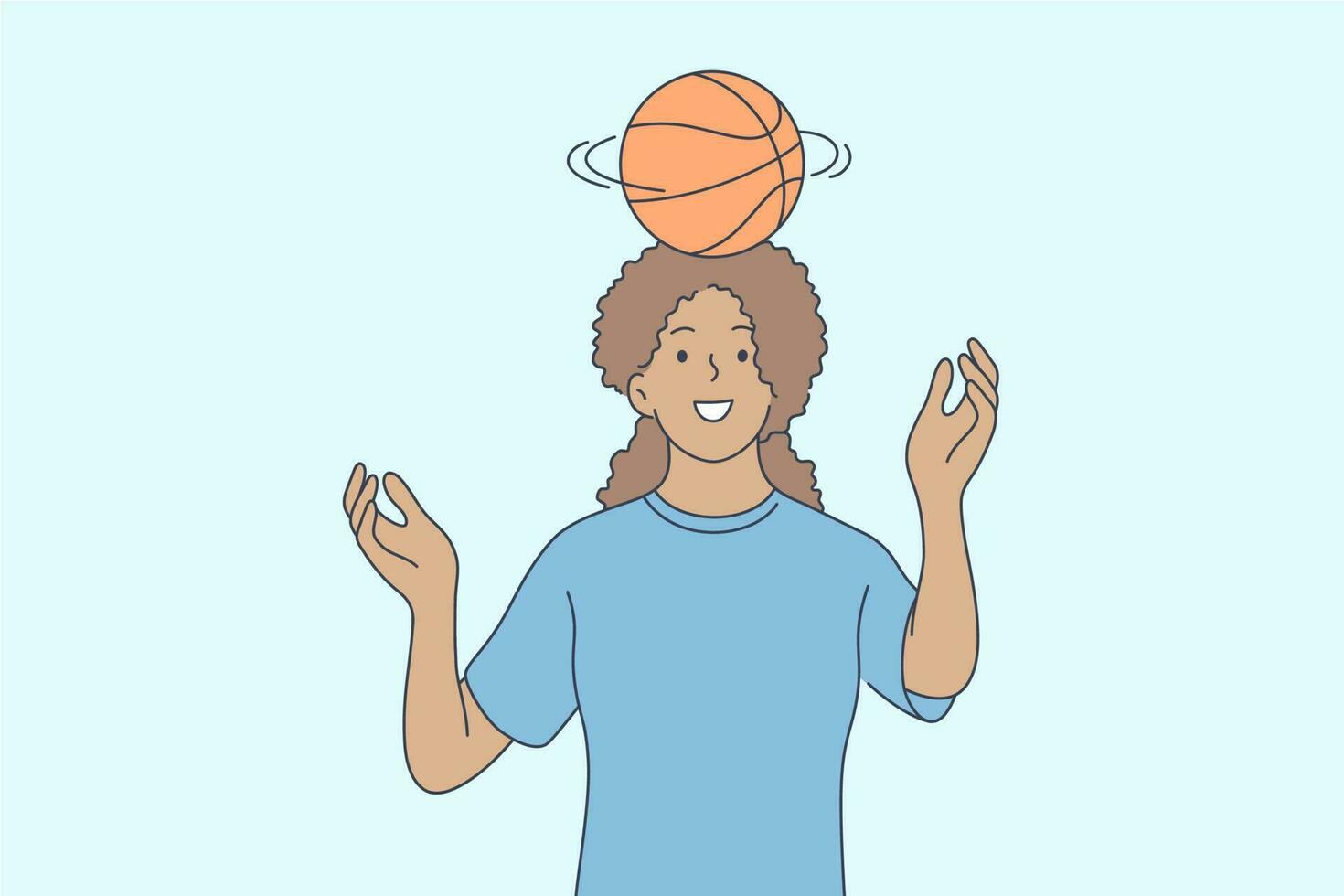 basket-ball, sport, des loisirs, heure d'été concept. Jeune africain américain femme fille adolescent athlète personnage filage Balle sur tête ou performant des trucs. actif été extrême mode de vie illustration vecteur