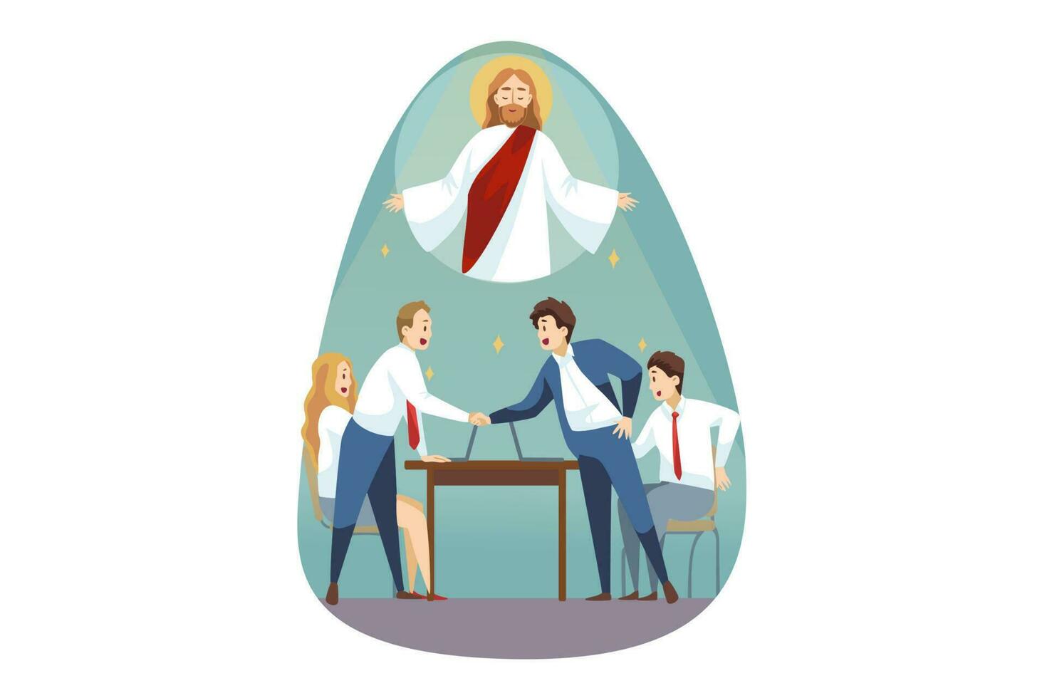 religion, soutien, entreprise, christianisme, réunion concept. Jésus Christ fils de Dieu Messie portion Jeune homme d'affaire femme employé de bureau directeur fabrication accord. Divin assistance et réconciliation illustration vecteur