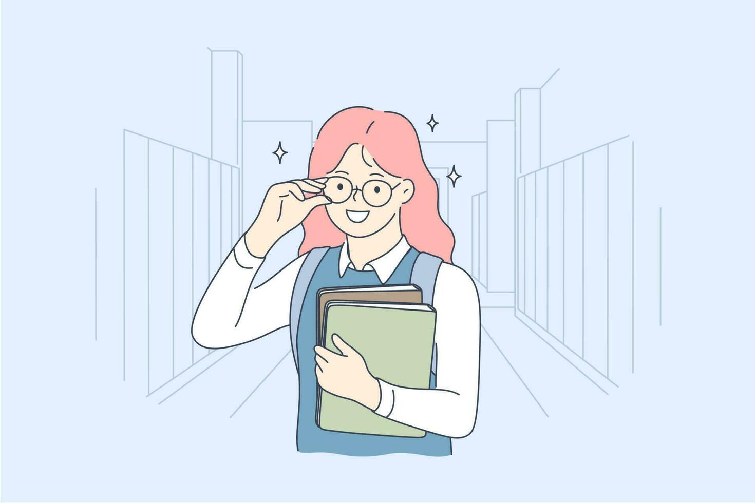 école, éducation, étude, apprentissage concept. Jeune content souriant de bonne humeur fille élève dessin animé personnage permanent avec livres et à la recherche à caméra. retour à école et avoir connaissance illustration. vecteur