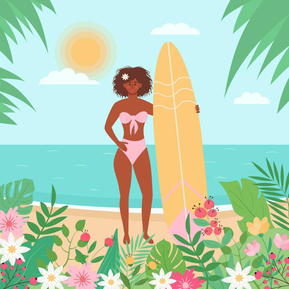 africain femme dans maillot de bain avec planche de surf sur le plage. tropical paume feuilles, fleurs et les plantes autour. heure d'été, paysage marin, actif sport, surfant, vacances concept. plat dessin animé vecteur illustration.
