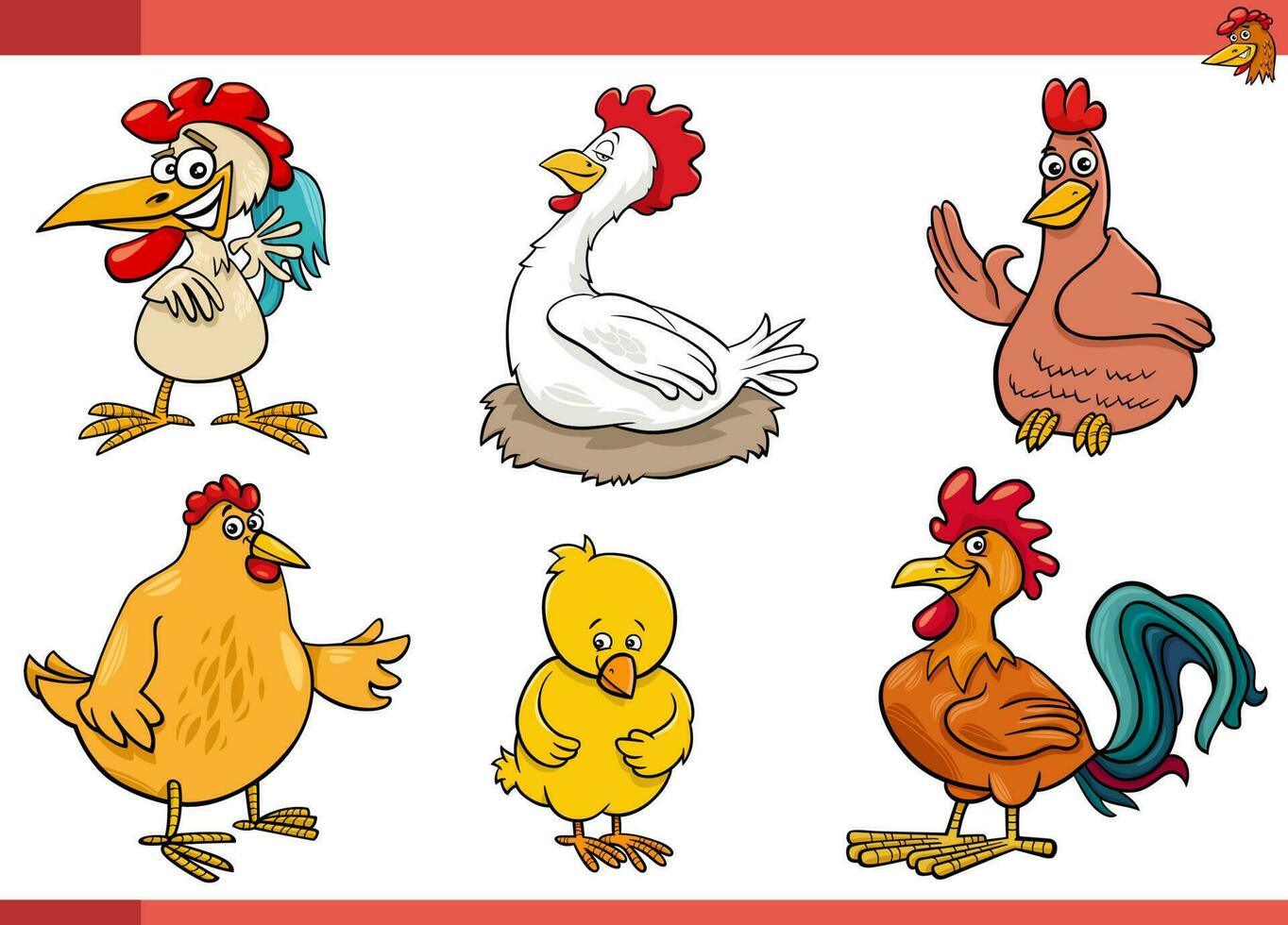 dessin animé poulets des oiseaux ferme animaux bande dessinée personnages ensemble vecteur