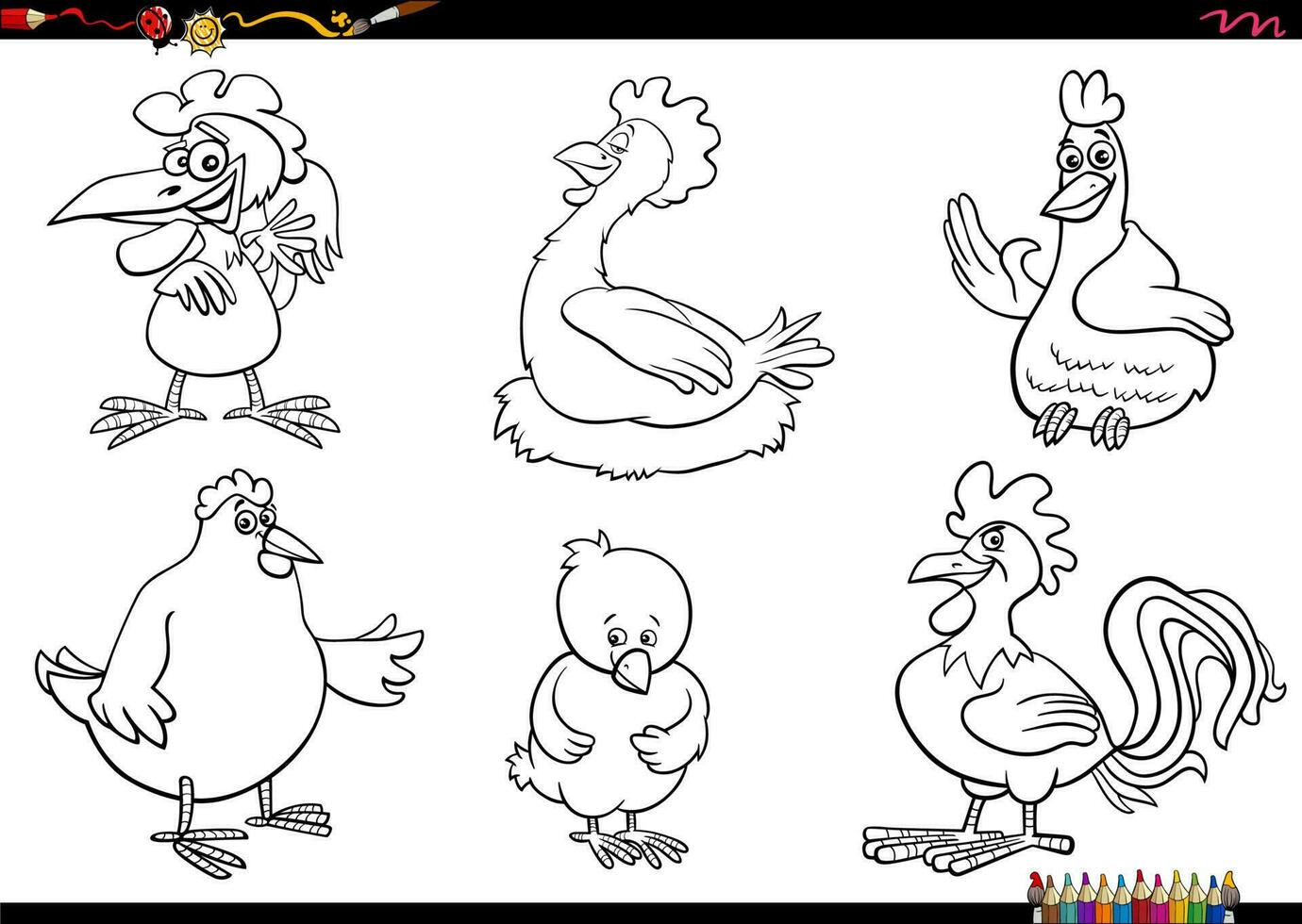 dessin animé poulets ferme animal personnages ensemble coloration page vecteur