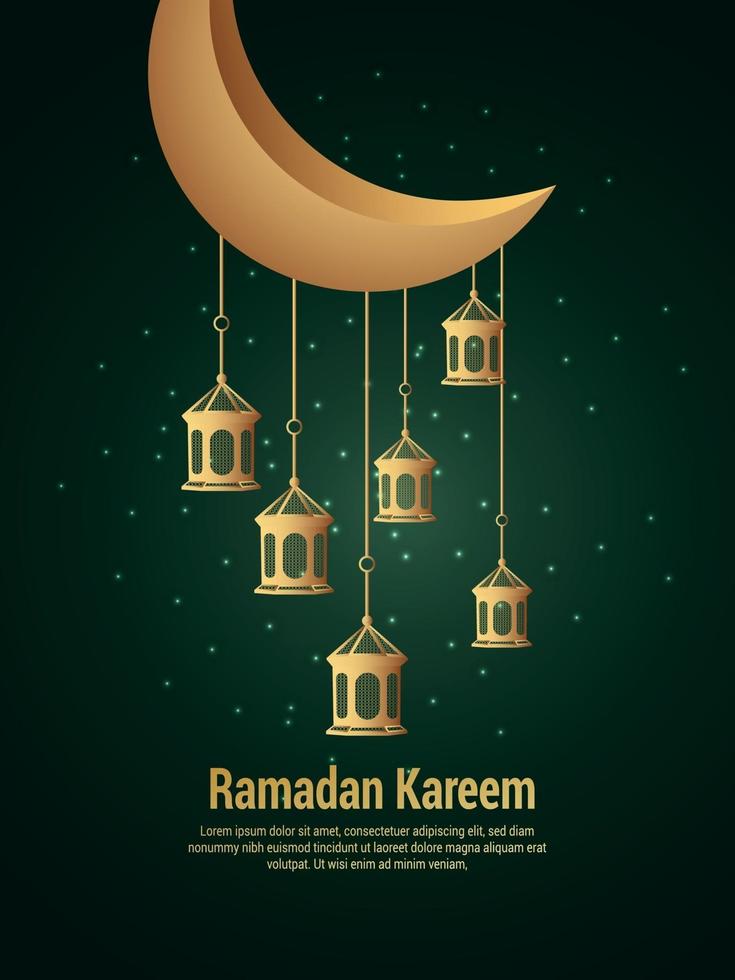 affiche de fête créative d'invitation de ramadan kareem avec lune dorée et lanterne vecteur