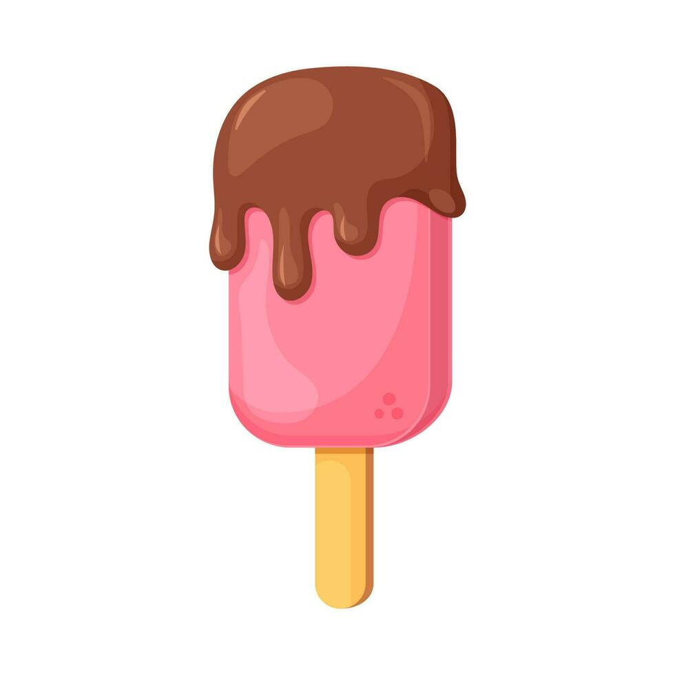 mignonne rose la glace crème avec fondre Chocolat sur bâton. dessin animé style. vecteur illustration isolé sur blanche.