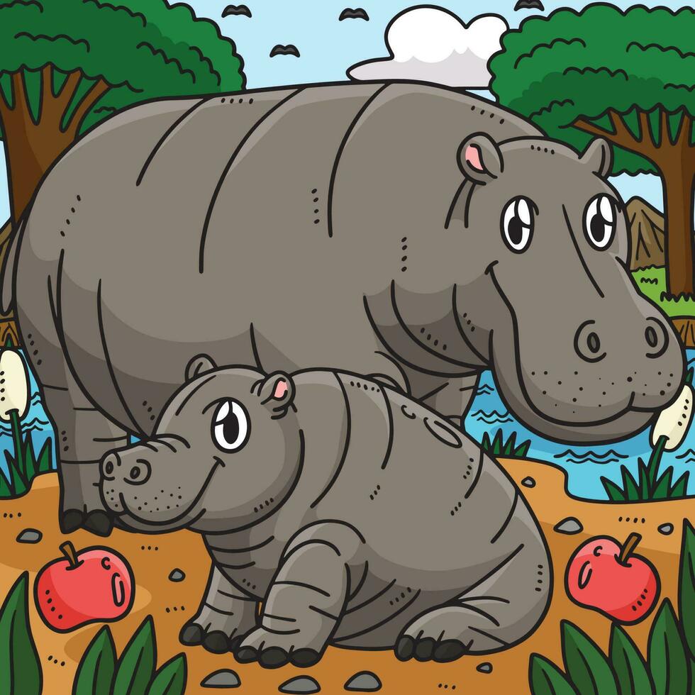 mère hippopotame et bébé hippopotame coloré dessin animé vecteur