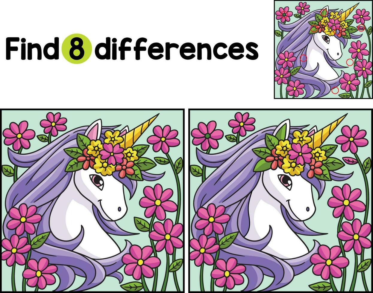 Licorne avec une fleur couronne trouver le différences vecteur