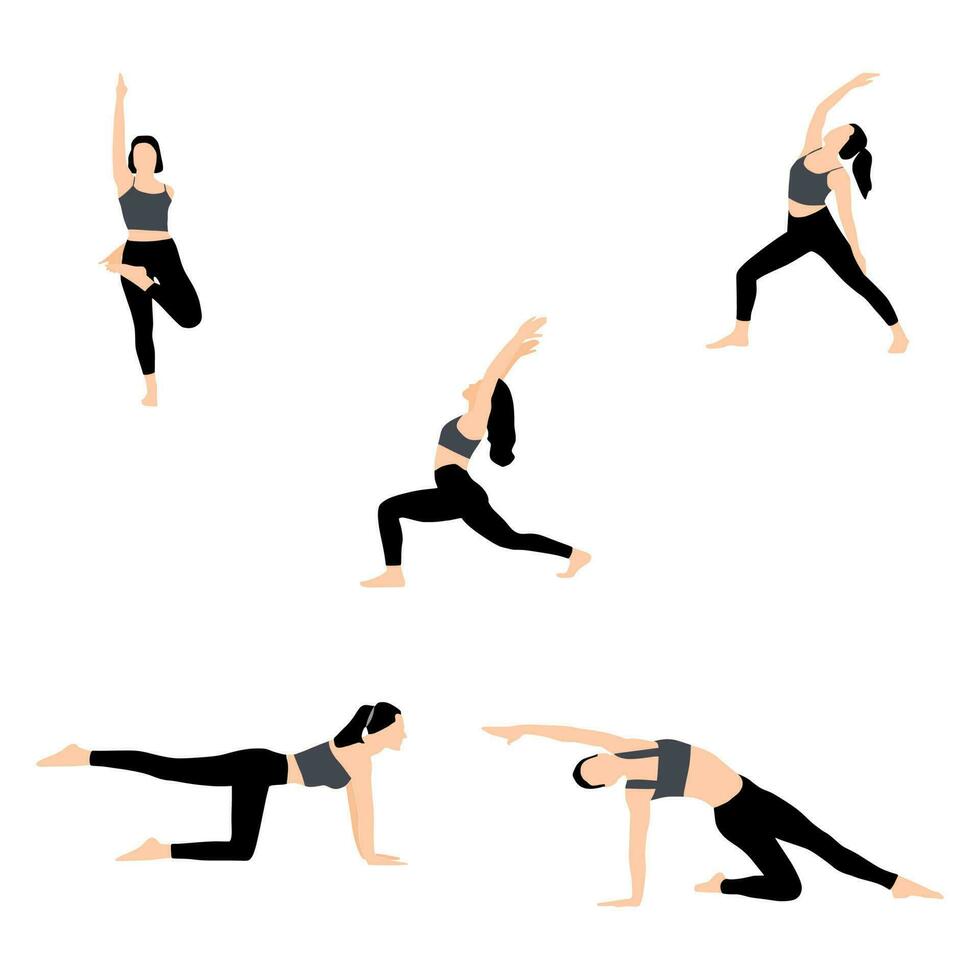 ensemble de yoga pose. le fille Est-ce que les asanas, gymnastique. actif activité pour santé, la flexibilité, équilibre. vecteur