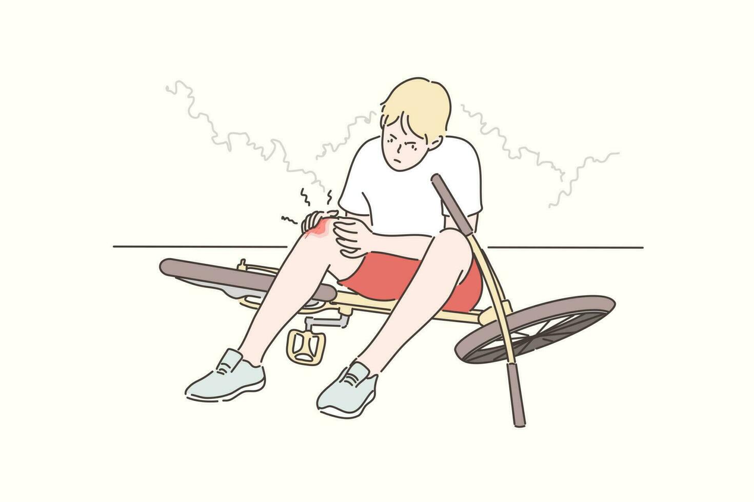 traumatisme, sport, vélo, douleur, colère concept. Jeune triste en colère garçon adolescent dessin animé personnage est tombée vers le bas de bicyclette et eu blessé le genou douloureusement. été vacances des loisirs actif mode de vie illustration. vecteur