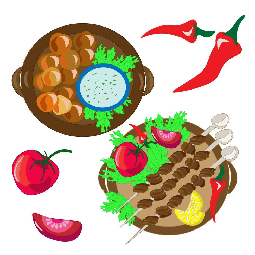 nationale cuisine cuisson menu vaisselle de des légumes et poisson restaurant cuisine. une ensemble menu de délicieux vaisselle de traditionnel ou nationale cuisine dans une plat dessin animé dessiné à la main illustration modèle. vecteur
