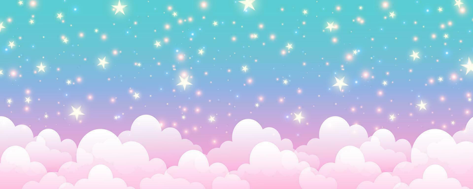nuageux ciel Contexte. Licorne fantaisie pastel galaxie. arc en ciel mignonne fond d'écran. duveteux la magie rose paysage. vecteur illustration