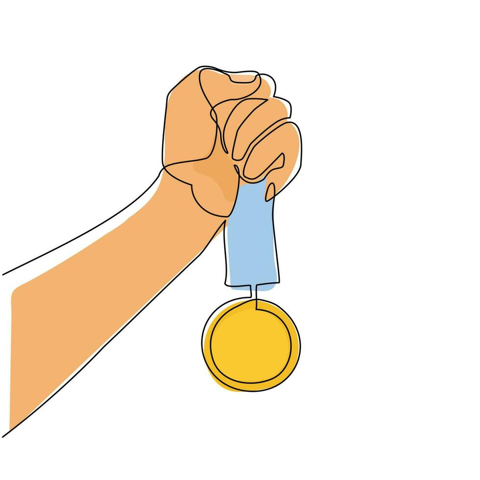 une seule ligne dessinant une main vintage humaine tenant un croquis de ruban avec une médaille d'or. conception d'emblème de concept dans un style rétro isolé sur fond blanc. ligne continue dessiner illustration vectorielle graphique vecteur