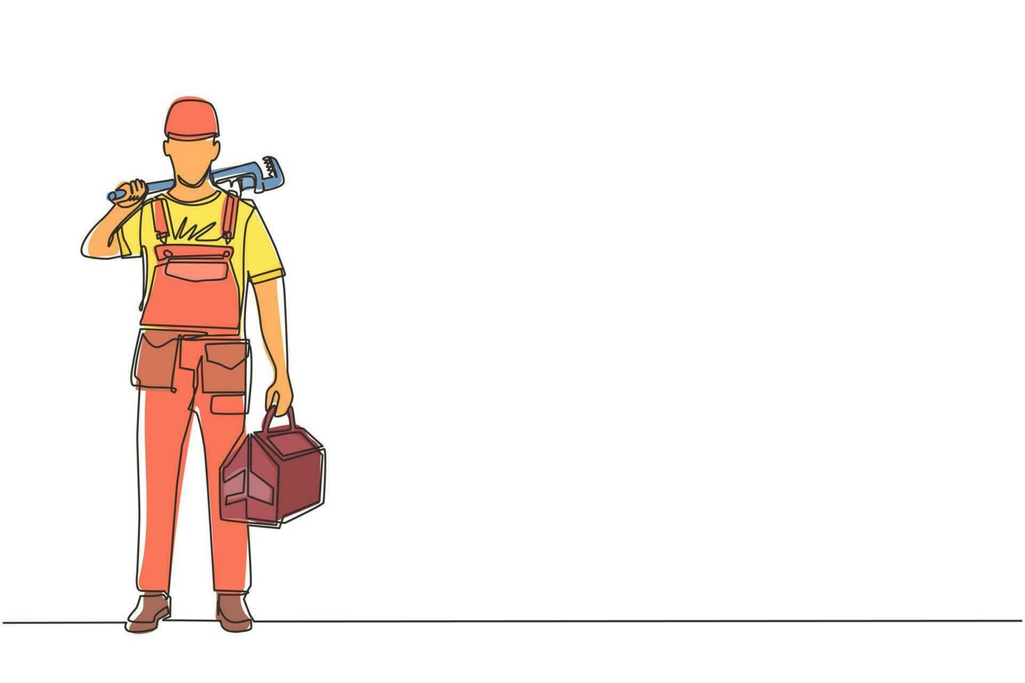 dessin continu d'une ligne homme plombier tenant une clé et une boîte à outils dans les mains se tient isolé. personnage de militaire professionnel en uniforme prêt à travailler. illustration vectorielle de dessin à une seule ligne vecteur