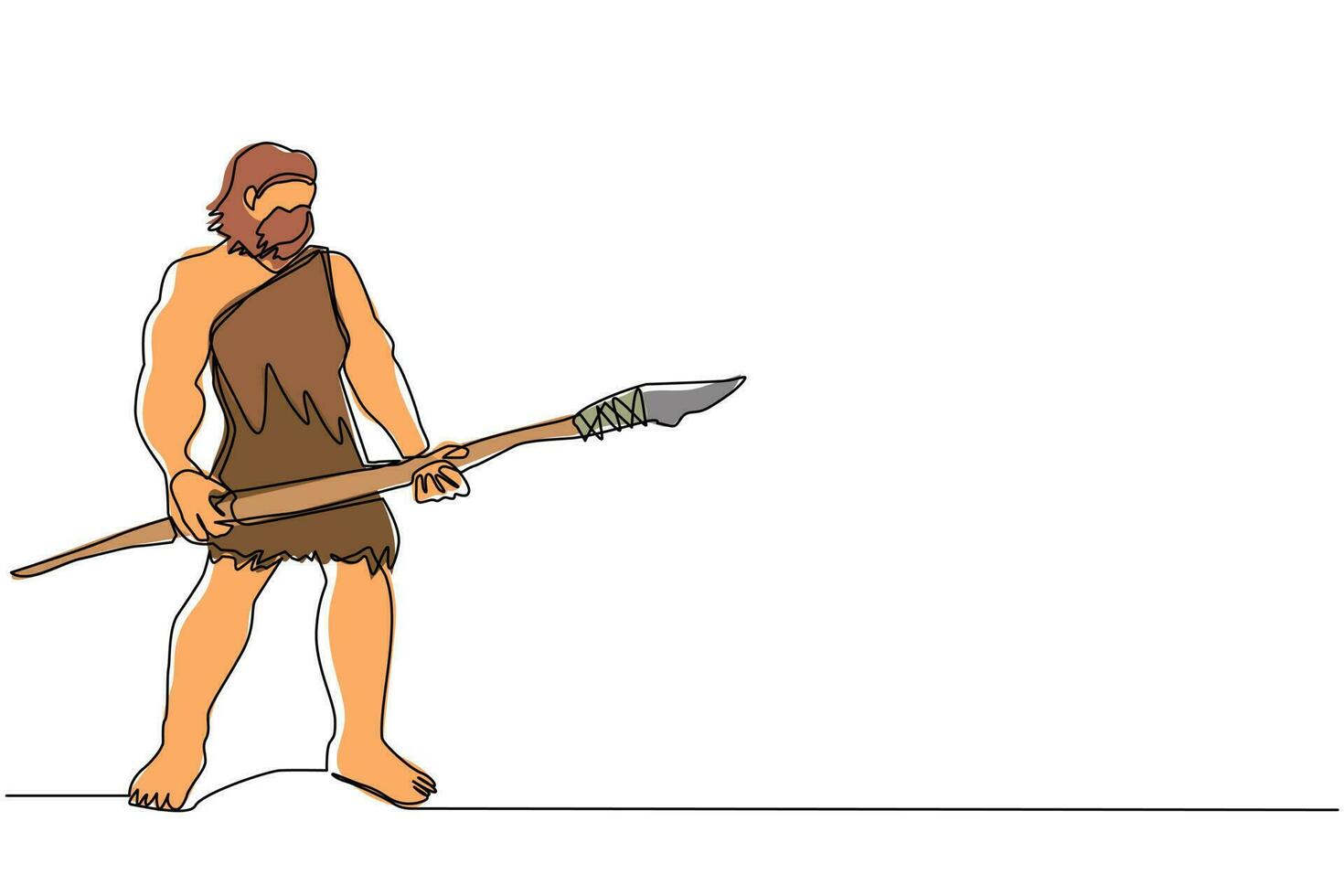 une ligne continue dessinant un homme des cavernes debout et tenant une grosse lance en pierre. homme barbu préhistorique vêtu de peau d'animal. chasseur de néandertal. ancien homosapien. graphique vectoriel de conception de dessin à une seule ligne