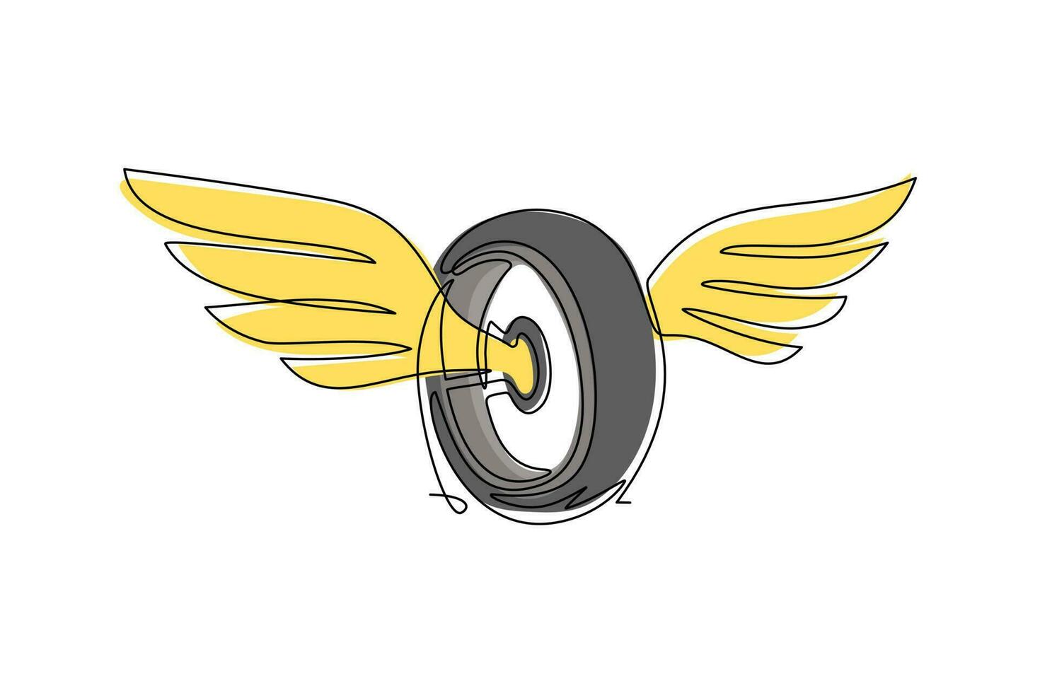 roue de dessin à une seule ligne avec des ailes. pneus de voiture ailés isolés. concevoir un élément plat pour le logo, l'étiquette, l'emblème, le signe, le badge, le t-shirt, l'affiche. ligne continue moderne dessiner illustration vectorielle graphique vecteur