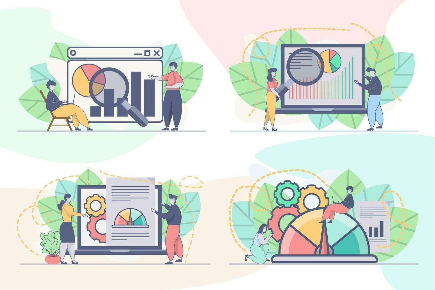 ensemble de la toile page conception modèles pour Les données analyse, affaires analytique. en ligne financier Les données une analyse la toile page composition avec gens personnages. moderne vecteur illustration concepts