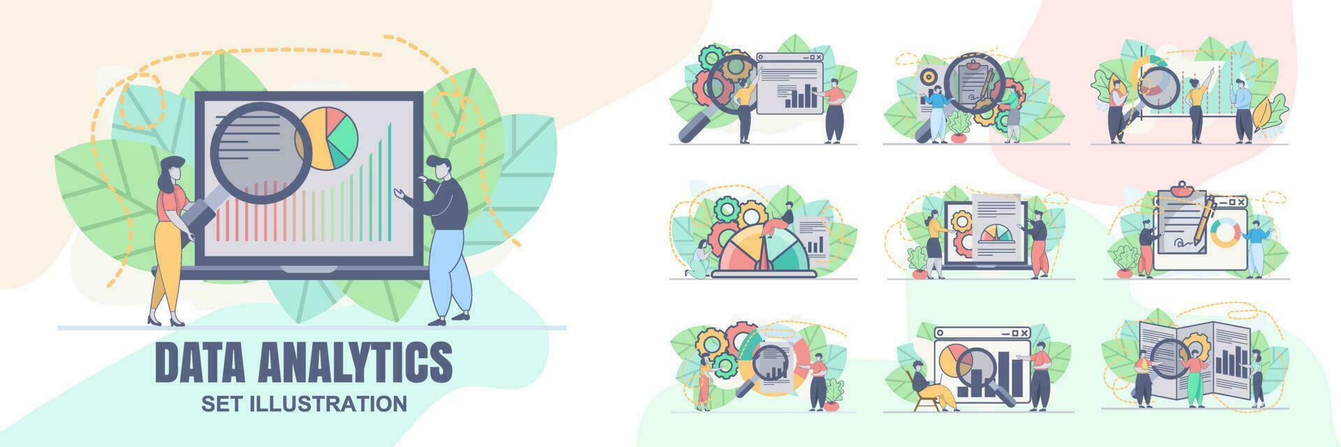 ensemble vecteur conception statistique et Les données une analyse pour affaires la finance investissement concept avec affaires gens équipe fonctionnement. financier Les données une analyse illustration.