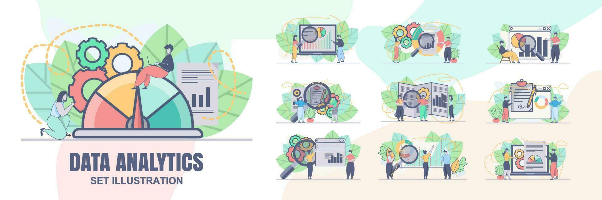 ensemble vecteur conception statistique et Les données une analyse pour affaires la finance investissement concept avec affaires gens équipe fonctionnement. financier Les données une analyse illustration.