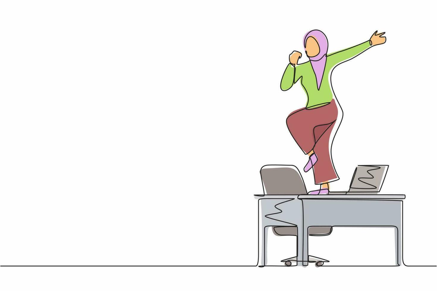 une seule ligne continue dessinant un employé de bureau heureux dansant sur le bureau. femme d'affaires arabe dansant assis au bureau. s'amuser au travail. concept de travail à domicile. une ligne dessiner vecteur de conception graphique