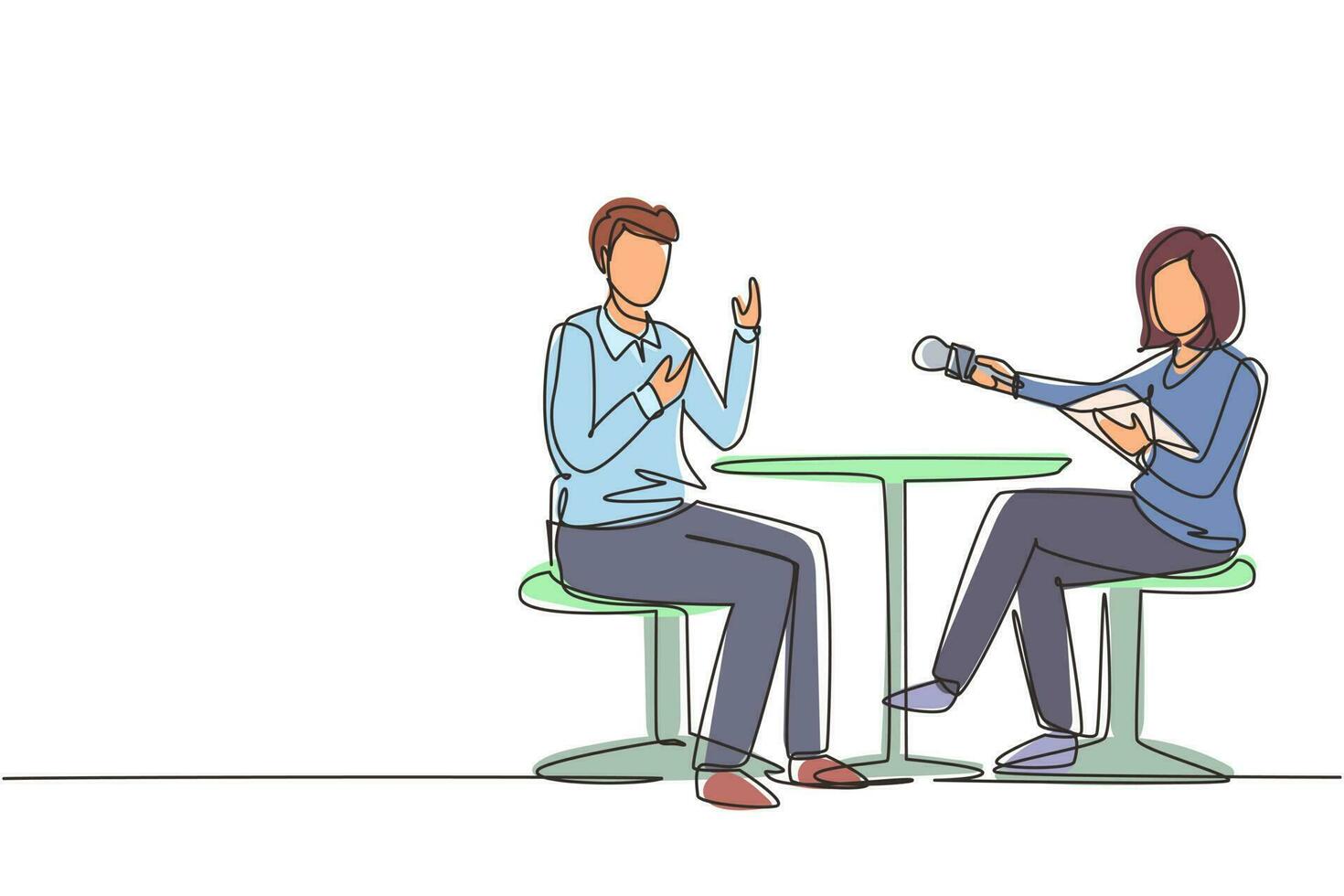 continu une ligne dessinant une présentatrice de télévision femme interviewant des hommes célèbres dans une interview de tournage en studio de télévision. hôte du spectacle, invité parlant. entretien télévisé. illustration vectorielle de dessin à une seule ligne vecteur