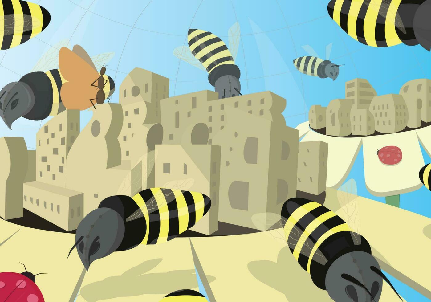 mécanique les abeilles en volant autour villes sur Haut de fleurs vecteur