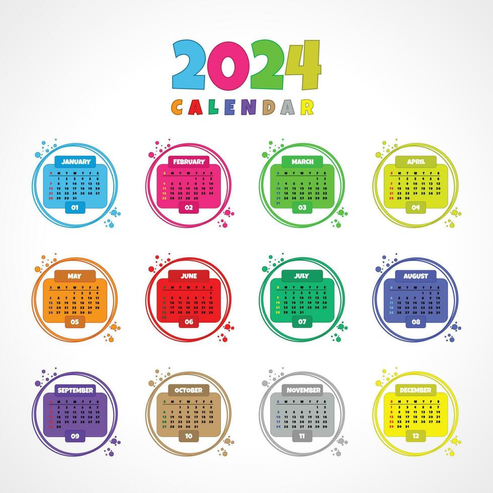 calendrier 2024 coloré dessin animé style modèle vecteur illustration