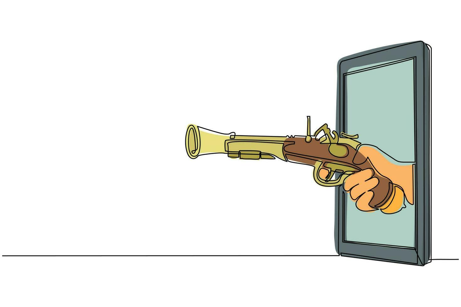 dessin continu d'une ligne main tenant un vieux pistolet à silex via un téléphone portable. concept de jeux vidéo pirates, e-sport, application de divertissement pour smartphones. vecteur de conception de dessin à une seule ligne